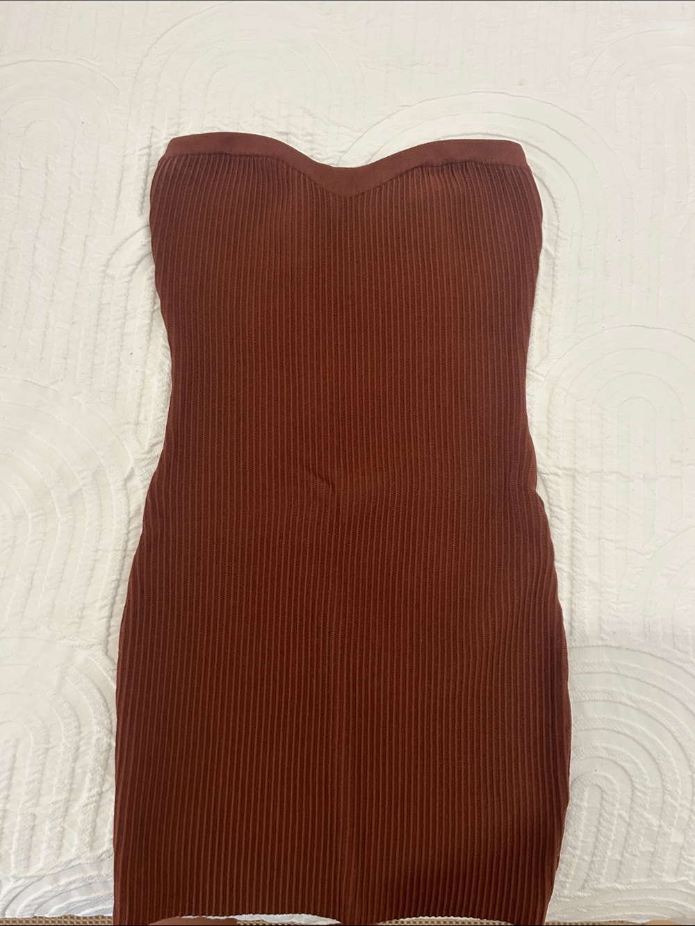 Strapless Ribbed Bodycon Dress in Brick Brown